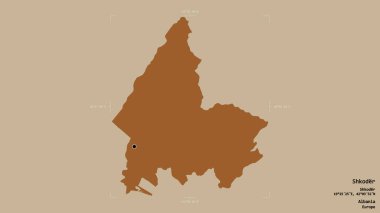 Arnavutluk 'un Şkoder ilçesi bölgesi, jeoreferatlı bir sınır kutusunun sağlam bir arka planında izole edilmiş durumda. Etiketler. Desenli dokuların bileşimi. 3B görüntüleme