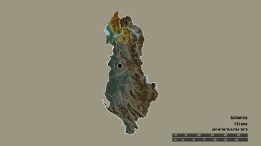 Arnavutluk 'un başkenti, ana bölgesel bölünmesi ve bölünmüş Shkoder bölgesiyle deforme olmuş hali. Etiketler. Topografik yardım haritası. 3B görüntüleme