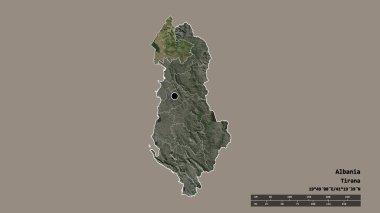 Arnavutluk 'un başkenti, ana bölgesel bölünmesi ve bölünmüş Shkoder bölgesiyle deforme olmuş hali. Etiketler. Uydu görüntüleri. 3B görüntüleme