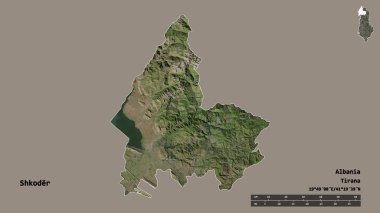 Arnavutluk 'un Şkoder ilçesinin başkenti sağlam bir zemin üzerinde izole edilmiş durumda. Uzaklık ölçeği, bölge önizlemesi ve etiketleri. Uydu görüntüleri. 3B görüntüleme
