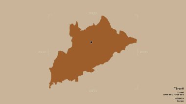 Arnavutluk 'un Tirane ilçesi, jeoreferatlı bir sınır kutusunun sağlam bir arka planında izole edilmiş durumda. Etiketler. Desenli dokuların bileşimi. 3B görüntüleme