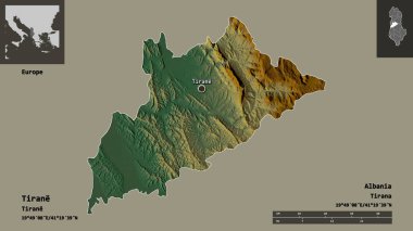 Arnavutluk 'un Tiran ilçesi ve başkenti. Uzaklık ölçeği, ön gösterimler ve etiketler. Topografik yardım haritası. 3B görüntüleme