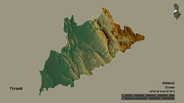 Arnavutluk 'un başkenti Tirane' nin şekli, sağlam bir zemin üzerinde izole edilmiş durumda. Uzaklık ölçeği, bölge önizlemesi ve etiketleri. Topografik yardım haritası. 3B görüntüleme