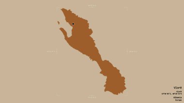 Arnavutluk 'un Vlore ilçesi bölgesi, jeoreferatlı bir sınır kutusunun sağlam bir arka planında izole edilmiş durumda. Etiketler. Desenli dokuların bileşimi. 3B görüntüleme