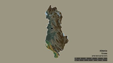 Arnavutluk 'un başkenti, ana bölgesel bölünmesi ve bölünmüş Vlore alanıyla deforme olmuş hali. Etiketler. Topografik yardım haritası. 3B görüntüleme