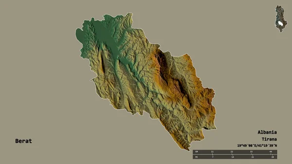 アルバニアの郡Beratの形は その首都をしっかりとした背景に隔離されています 距離スケール リージョンプレビュー およびラベル 地形図 3Dレンダリング — ストック写真
