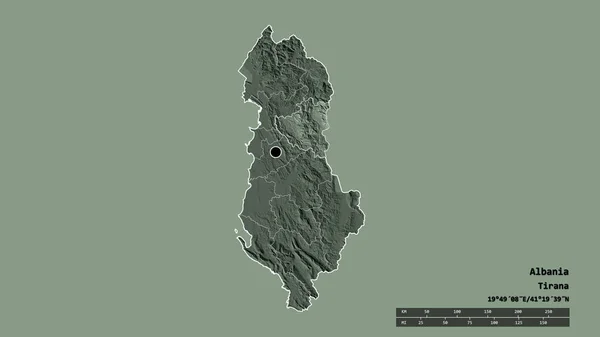 主要な地域部門と分離されたディバー地域とアルバニアの荒廃した形 ラベル 色の標高マップ 3Dレンダリング — ストック写真