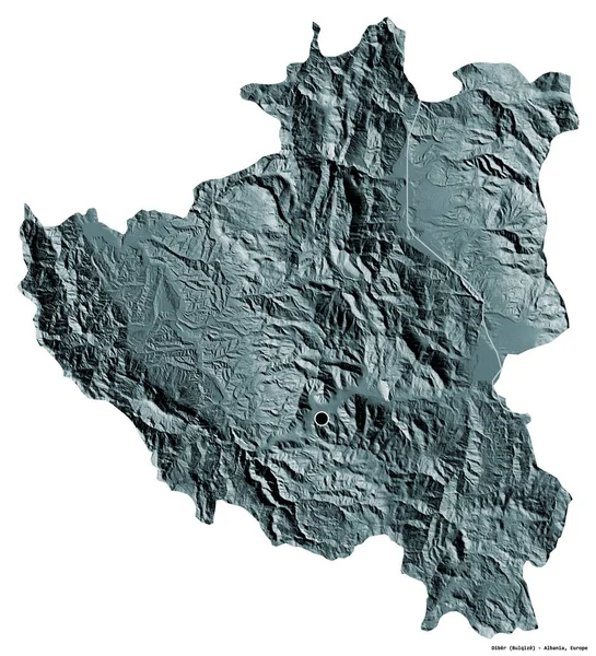 阿尔巴尼亚Diber县的形状 首都被白色背景隔离 彩色高程图 3D渲染 — 图库照片