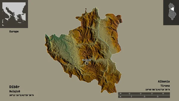 阿尔巴尼亚Diber县的形状及其首府 距离刻度 预览和标签 地形浮雕图 3D渲染 — 图库照片