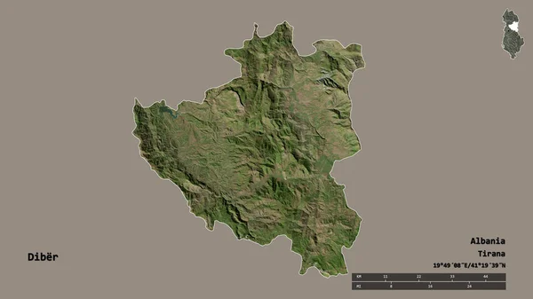 阿尔巴尼亚Diber县的形状 其首府在坚实的背景上与世隔绝 距离尺度 区域预览和标签 卫星图像 3D渲染 — 图库照片
