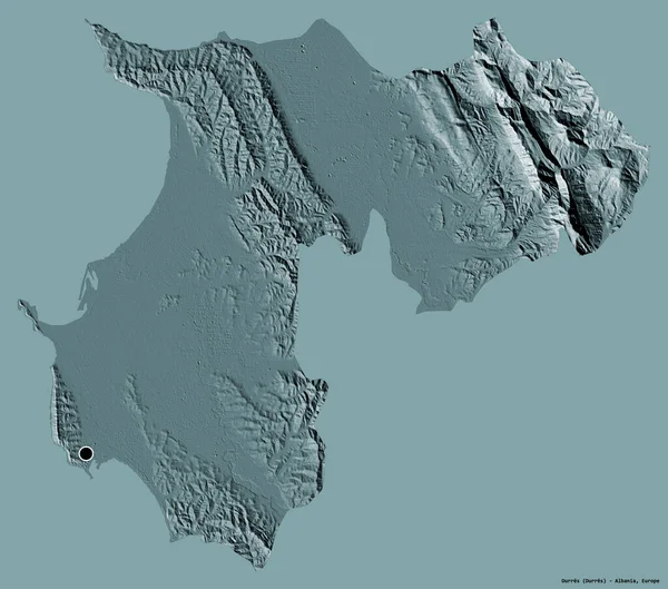 Arnavutluk 'un Durres ilçesi, başkenti katı renk arka planında izole edilmiş durumda. Renkli yükseklik haritası. 3B görüntüleme