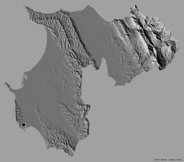 Arnavutluk 'un Durres ilçesi, başkenti katı renk arka planında izole edilmiş durumda. Çift seviyeli yükseklik haritası. 3B görüntüleme