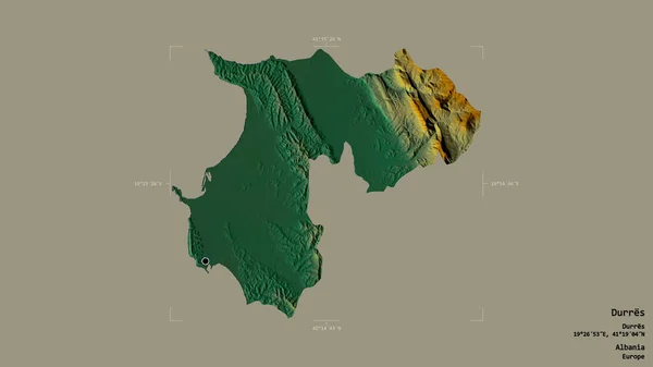 アルバニアの郡デュレスの地域は 洗練された境界線の箱の中にしっかりとした背景に隔離されている ラベル 地形図 3Dレンダリング — ストック写真