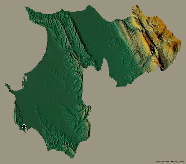 アルバニアの郡デュレスの形で その首都はしっかりとした色の背景に孤立しています 地形図 3Dレンダリング — ストック写真