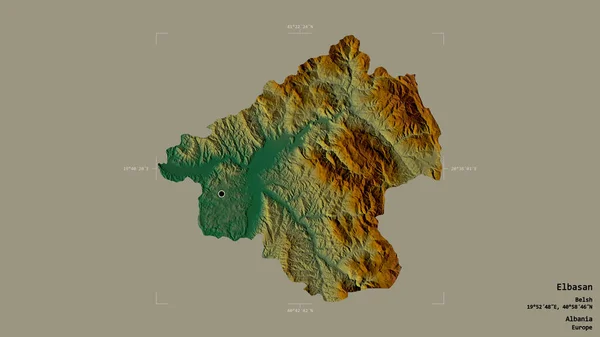阿尔巴尼亚Elbasan县的一个地区 在一个地理参照框的坚实背景下被隔离 地形浮雕图 3D渲染 — 图库照片