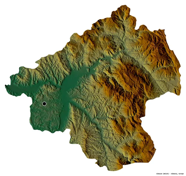 Arnavutluk 'un Elbasan ilçesinin başkenti beyaz arka planda izole edilmiş. Topografik yardım haritası. 3B görüntüleme