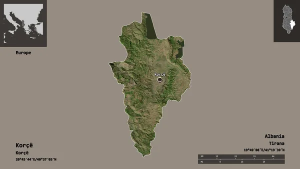コルチェの形 アルバニアの郡とその首都 距離スケール プレビューおよびラベル 衛星画像 3Dレンダリング — ストック写真