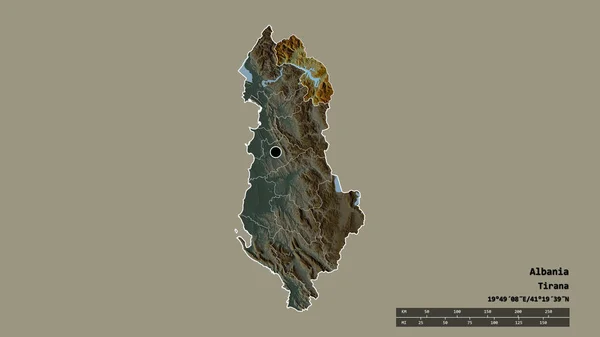 主要な地域部門と分離されたKukes地域とアルバニアの荒廃した形 ラベル 地形図 3Dレンダリング — ストック写真