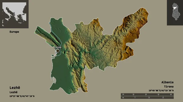 アルバニアの郡Lezheとその首都の形状 距離スケール プレビューおよびラベル 地形図 3Dレンダリング — ストック写真