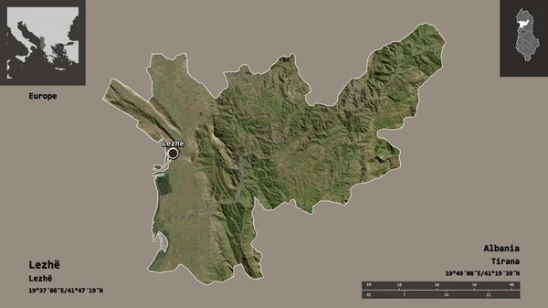 アルバニアの郡Lezheとその首都の形状 距離スケール プレビューおよびラベル 衛星画像 3Dレンダリング — ストック写真