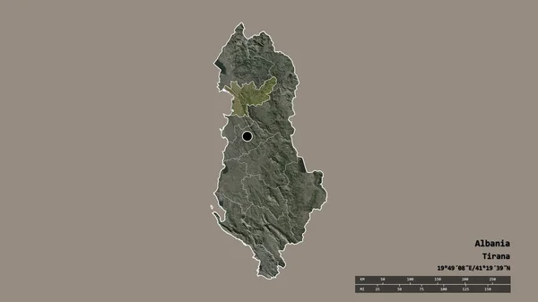 主要な地域部門と分離Lezheエリアとアルバニアの荒廃した形状 ラベル 衛星画像 3Dレンダリング — ストック写真