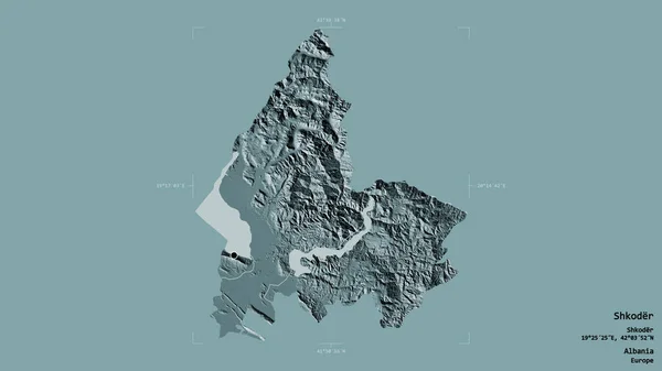 アルバニアの郡ショコダーの地域は 洗練された境界線の箱の中にしっかりとした背景に隔離されている ラベル 色の標高マップ 3Dレンダリング — ストック写真