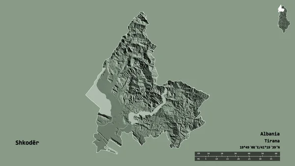 Kształt Shkodera Hrabstwa Albanii Stolicą Odizolowaną Solidnym Tle Skala Odległości — Zdjęcie stockowe