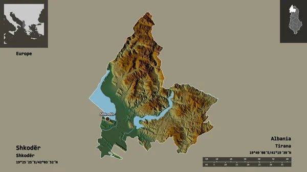 阿尔巴尼亚县Shkoder的形状及其首府 距离刻度 预览和标签 地形浮雕图 3D渲染 — 图库照片