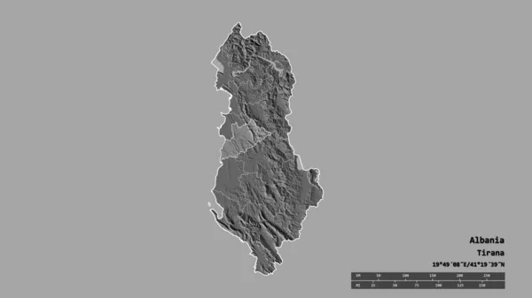 阿尔巴尼亚以首都 主要区域分部和分隔的地拉那地区为首都的退化形态 Bilevel高程图 3D渲染 — 图库照片