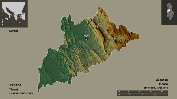 阿尔巴尼亚地拉那的形状及其首都 距离刻度 预览和标签 地形浮雕图 3D渲染 — 图库照片
