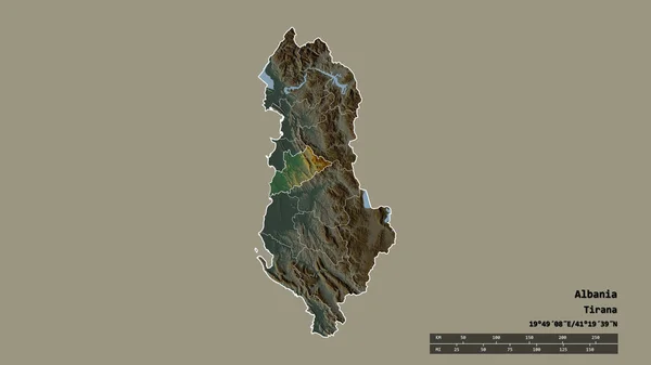 主要な地域部門と分離されたティラネ地域とアルバニアの荒廃した形 ラベル 地形図 3Dレンダリング — ストック写真