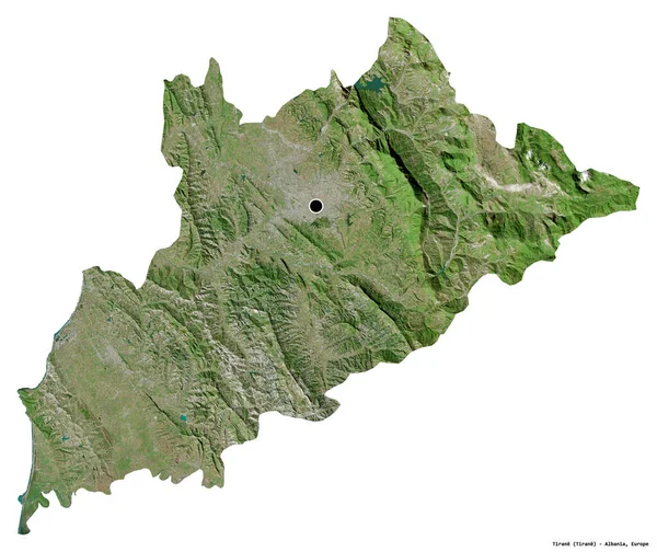Albánia Megye Tirane Alakja Fővárosát Fehér Háttérrel Elszigetelve Műholdas Képek — Stock Fotó