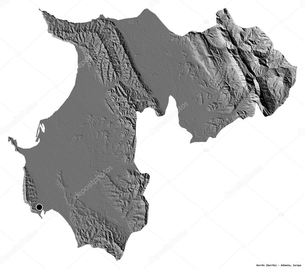 Shape of Durres, county of Albania, with its capital isolated on white background. Bilevel elevation map. 3D rendering