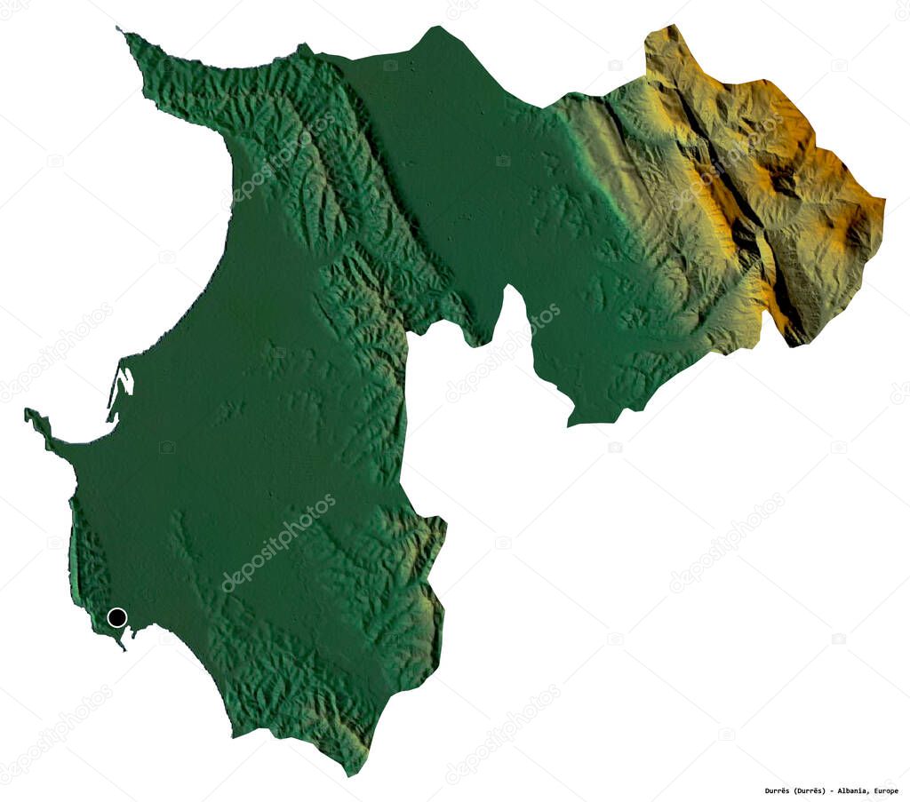 Shape of Durres, county of Albania, with its capital isolated on white background. Topographic relief map. 3D rendering
