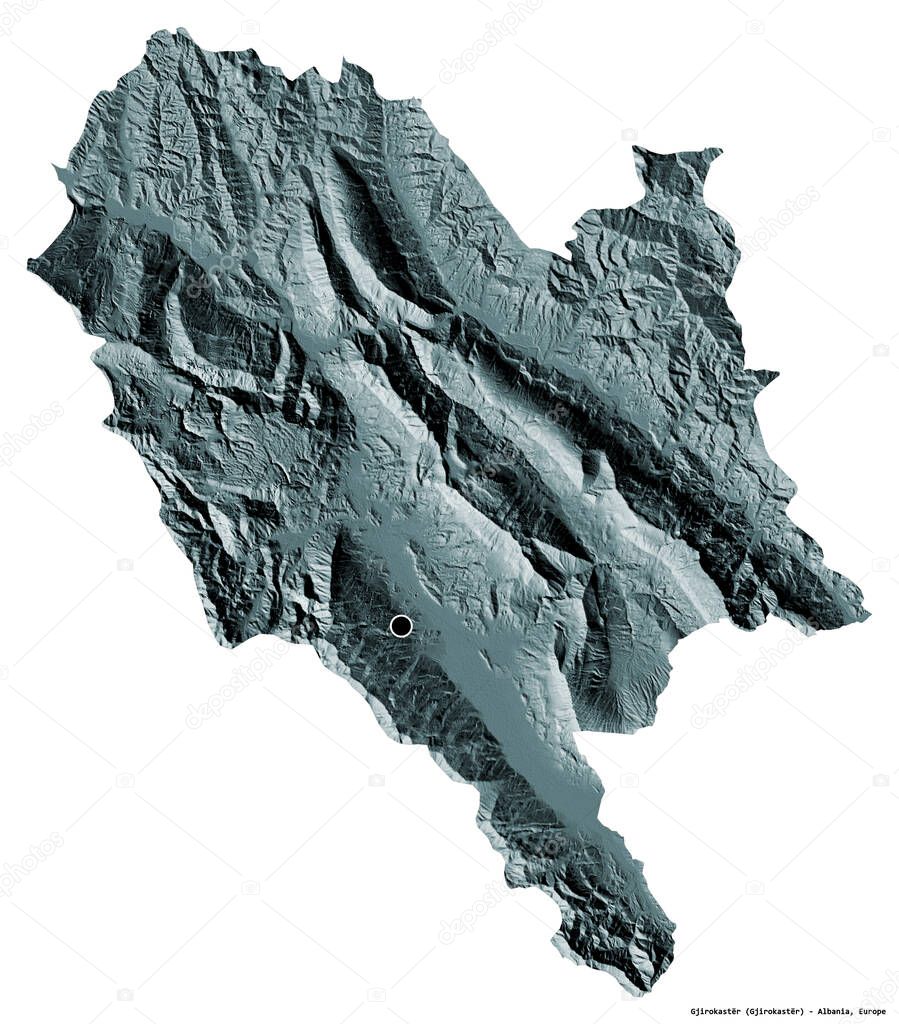 Shape of Gjirokaster, county of Albania, with its capital isolated on white background. Colored elevation map. 3D rendering