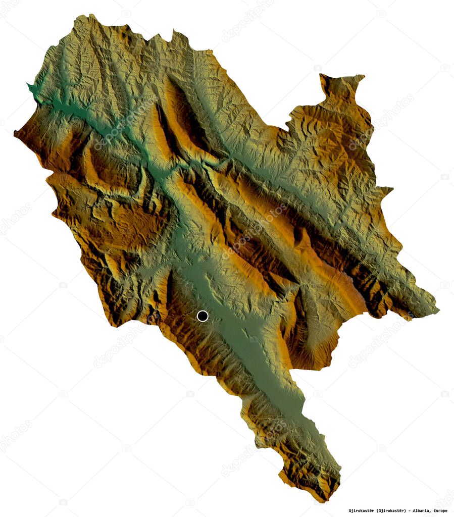 Shape of Gjirokaster, county of Albania, with its capital isolated on white background. Topographic relief map. 3D rendering