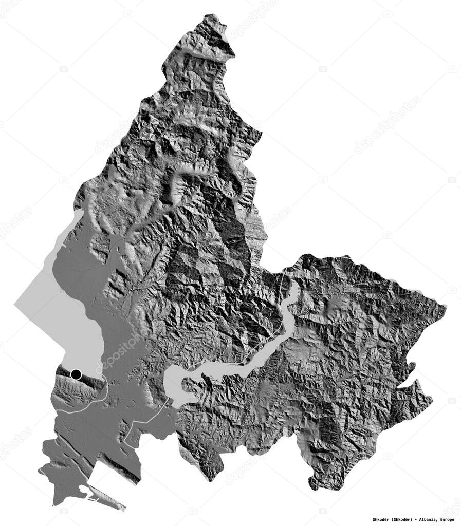 Shape of Shkoder, county of Albania, with its capital isolated on white background. Bilevel elevation map. 3D rendering
