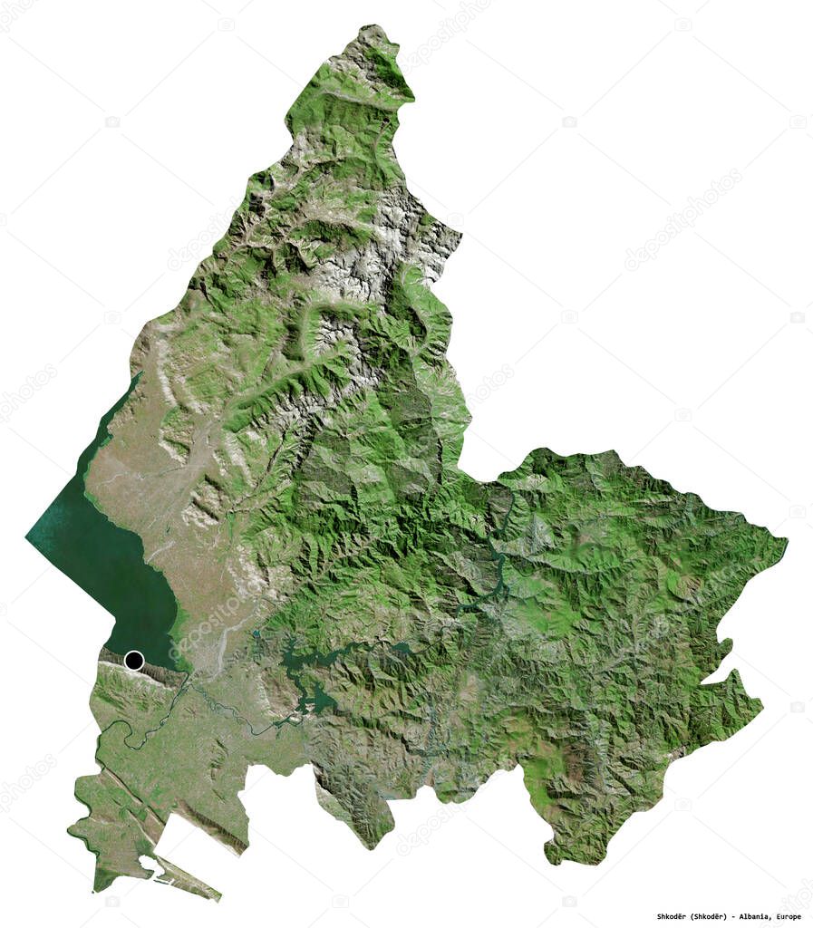 Shape of Shkoder, county of Albania, with its capital isolated on white background. Satellite imagery. 3D rendering