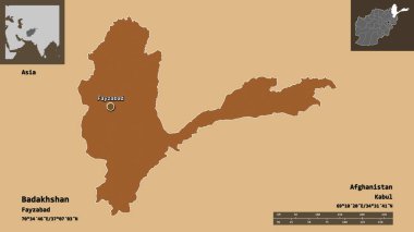 Badakhshan 'ın şekli, Afganistan vilayeti ve başkenti. Uzaklık ölçeği, ön gösterimler ve etiketler. Desenli dokuların bileşimi. 3B görüntüleme