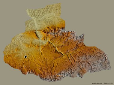 Afganistan 'ın Bedir Bölgesi' nin başkenti, koyu renk arka planda izole edilmiştir. Topografik yardım haritası. 3B görüntüleme