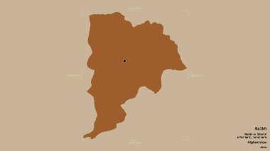 Balkh bölgesi, Afganistan vilayeti, jeoreferatlı bir sınır kutusunda sağlam bir arka planda izole edilmiş. Etiketler. Desenli dokuların bileşimi. 3B görüntüleme