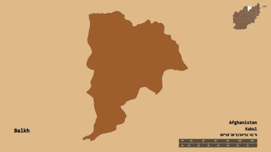 Afganistan 'ın Balkh eyaleti, başkenti sağlam bir zemin üzerinde izole edilmiş. Uzaklık ölçeği, bölge önizlemesi ve etiketleri. Desenli dokuların bileşimi. 3B görüntüleme