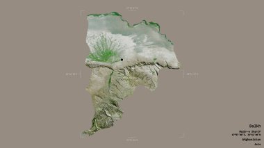 Balkh bölgesi, Afganistan vilayeti, jeoreferatlı bir sınır kutusunda sağlam bir arka planda izole edilmiş. Etiketler. Uydu görüntüleri. 3B görüntüleme