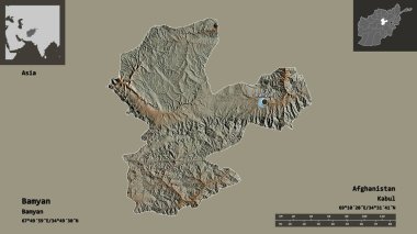 Bamyan 'ın şekli, Afganistan eyaleti ve başkenti. Uzaklık ölçeği, ön gösterimler ve etiketler. Topografik yardım haritası. 3B görüntüleme
