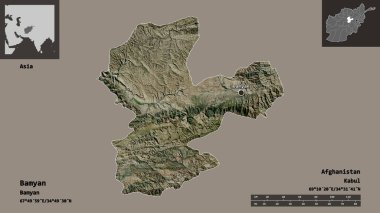 Bamyan 'ın şekli, Afganistan eyaleti ve başkenti. Uzaklık ölçeği, ön gösterimler ve etiketler. Uydu görüntüleri. 3B görüntüleme