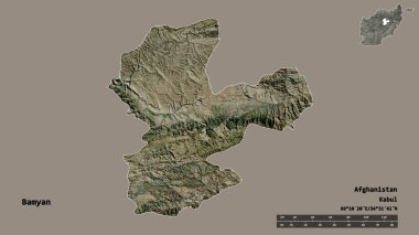 Bamyan 'ın şekli, Afganistan vilayeti, sermayesi sağlam arka planda izole edilmiş. Uzaklık ölçeği, bölge önizlemesi ve etiketleri. Uydu görüntüleri. 3B görüntüleme