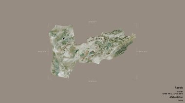 Farah bölgesi, Afganistan vilayeti, jeoreferatlı bir sınır kutusunda sağlam bir arka planda izole edilmiş. Etiketler. Uydu görüntüleri. 3B görüntüleme