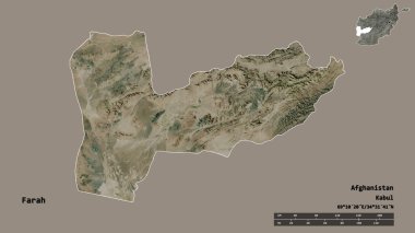 Farah 'ın şekli, Afganistan vilayeti, başkenti sağlam arka planda izole edilmiş. Uzaklık ölçeği, bölge önizlemesi ve etiketleri. Uydu görüntüleri. 3B görüntüleme