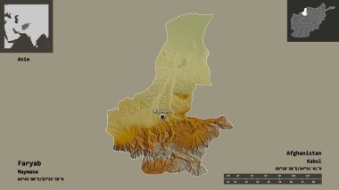 Faryab 'ın şekli, Afganistan vilayeti ve başkenti. Uzaklık ölçeği, ön gösterimler ve etiketler. Topografik yardım haritası. 3B görüntüleme