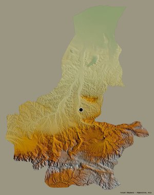 Afganistan eyaleti Faryab 'ın şekli, başkenti koyu renk arka planda izole edilmiş. Topografik yardım haritası. 3B görüntüleme